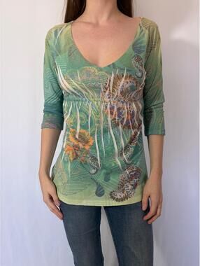 Green Paisley Funk Y2k 00s 3/4 Sleeve Casual Babydoll Top